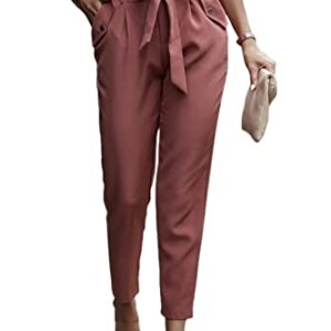 PRETTYGARDEN Women's Casual Long Pants High Waist Belted Paper Bag Work Pant Trousers with Pockets (Brick Red,Small)