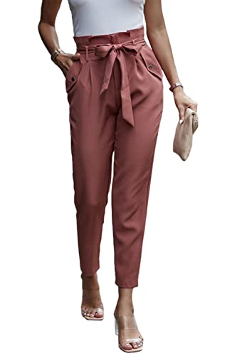 PRETTYGARDEN Women's Casual Long Pants High Waist Belted Paper Bag Work Pant Trousers with Pockets (Brick Red,Small)