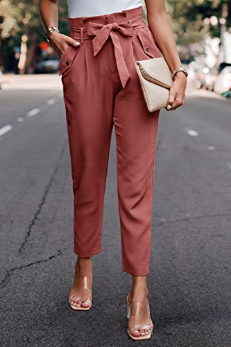 PRETTYGARDEN Women's Casual Long Pants High Waist Belted Paper Bag Work Pant Trousers with Pockets (Brick Red,Small)