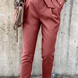 PRETTYGARDEN Women's Casual Long Pants High Waist Belted Paper Bag Work Pant Trousers with Pockets (Brick Red,Small)