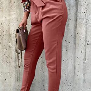 PRETTYGARDEN Women's Casual Long Pants High Waist Belted Paper Bag Work Pant Trousers with Pockets (Brick Red,Small)