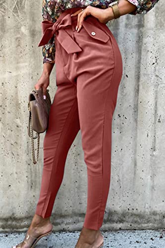 PRETTYGARDEN Women's Casual Long Pants High Waist Belted Paper Bag Work Pant Trousers with Pockets (Brick Red,Small)