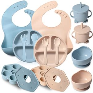 14 pcs baby led weaning supplies baby feeding set includes baby plates with suction baby food freezer tray self feeding baby utensils silicone bib bowl straw cup for toddler children eating training
