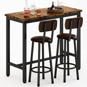 awqm bar table set of 2,39.3" pub height table & 2 pu upholstered stools with backrest,industrial 3 piece breakfast bar table sets,for living room,kitchen,bar,rustic brown & black & brown