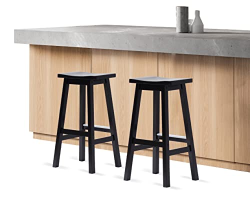 Black Bar Stools for Kitchen Island, Counter Height Bar Stools Set of 2, 30 Inch Wood Saddle Stool, Solid Wooden Seating with Footrest, Ideal for Breakfast Bar, Kitchen Island, Party Room, 2-Pack