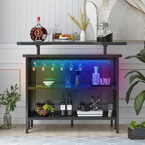 mjkone wine bar cabinet with led lights by remote control, coffee bar cabinet for liquor and glasses, home bar unit with wine rack, mini bars with storage (black)
