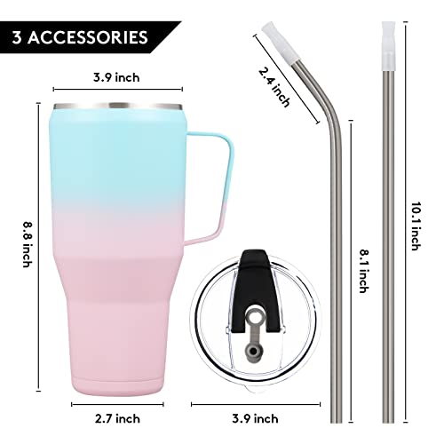 GOBATT 40 oz Tumbler with Handle and Straw Lid，Reusable Stainless Steel Double Vacuum Insulated Travel Mug Iced Coffee cup ，Keep Cold for 24 Hours, pink green