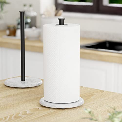 Susswiff Paper Towel Holder Countertop with Natural Marble Base, Kitchen Roll Holder, Standing Paper Towel Dispenser for Standard or Jumbo-Sized Rolls, Matte Black