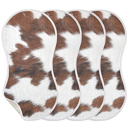 WELLDAY Muslin Baby Burp Cloths Set of 1, Soft Absorbent White Brown Print Cow Muslin Washcloths, Bibs, Face Towel for Newborn Boys Girls, 22 x 11 Inch