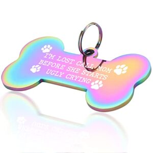 funny dog cat pet id tag - "i'm lost call mom before she starts ugly crying" - funny pet tag, funny dog tag, dog collar tag, stainless steel pet tags, new puppy engraved bone shape, gifts for dog mom