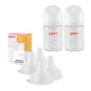 pigeon glass baby bottle(5.4 oz, pack of 2) with 4 latch-on line silicone nipples, newborn feeding set(0~3m)