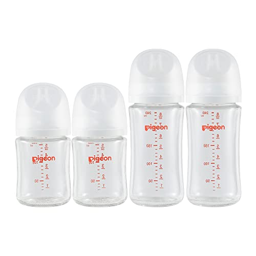 Pigeon Glass Nursing Baby Bottle Wide Neck(Pack of 4), Streamlined Body, Natural Feel, Easy to Clean, Heat-Resistant, 5.4Oz and 8.1 Oz