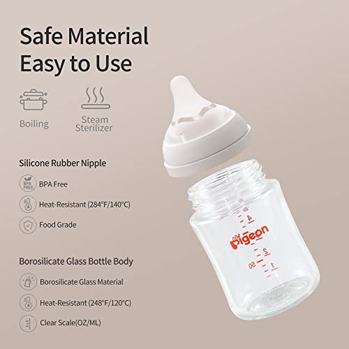 Pigeon Glass Nursing Baby Bottle Wide Neck(Pack of 4), Streamlined Body, Natural Feel, Easy to Clean, Heat-Resistant, 5.4Oz and 8.1 Oz