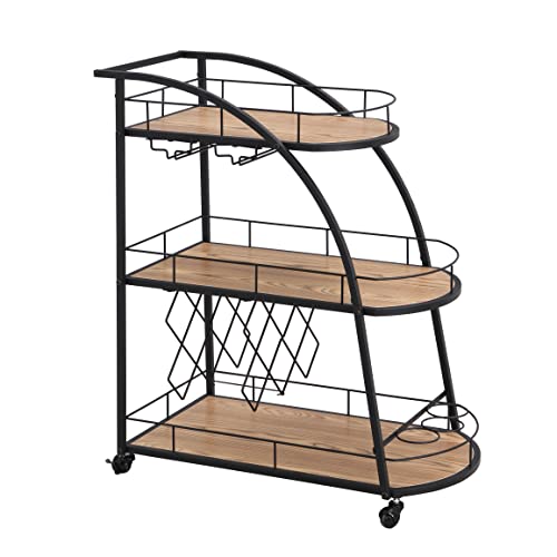 3-Tier Industrial Mobile Bar Cart Serving Wine Cart with Wheels, Rolling Storage Cart Kitchen Island Cart for Kitchen Dining Room, Metal Frame & MDF Material, Black