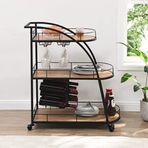 3-Tier Industrial Mobile Bar Cart Serving Wine Cart with Wheels, Rolling Storage Cart Kitchen Island Cart for Kitchen Dining Room, Metal Frame & MDF Material, Black