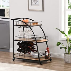 3-Tier Industrial Mobile Bar Cart Serving Wine Cart with Wheels, Rolling Storage Cart Kitchen Island Cart for Kitchen Dining Room, Metal Frame & MDF Material, Black