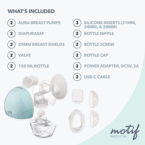 Motif Medical Aura Hands Free Portable Breast Pump, Wearable Double Breast Pump - Lightweight, Wireless, Battery Operated,12 Suction Levels, Holds 4+ oz, Pairs with App