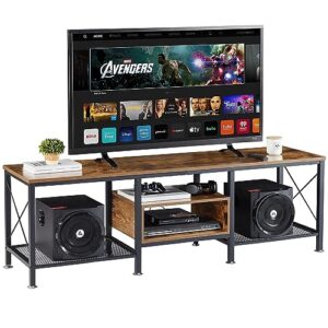 vecelo industrial tv stand for 70 inch television cabinet 3-tier console with open storage shelves, entertainment center metal frame for living room, bedroom, 63 inch, dark brown