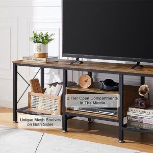 VECELO Industrial TV Stand for 70 Inch Television Cabinet 3-Tier Console with Open Storage Shelves, Entertainment Center Metal Frame for Living Room, Bedroom, 63 Inch, Dark Brown