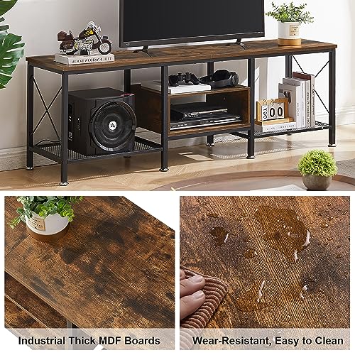 VECELO Industrial TV Stand for 70 Inch Television Cabinet 3-Tier Console with Open Storage Shelves, Entertainment Center Metal Frame for Living Room, Bedroom, 63 Inch, Dark Brown