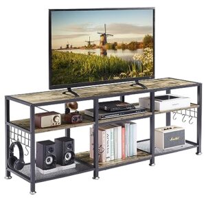 vecelo tv stand for televisions up to 65 inch, industrial entertainment center with 3-tier open storage shelves& hooks for living, bedroom and gaming room, 55 inch, grey