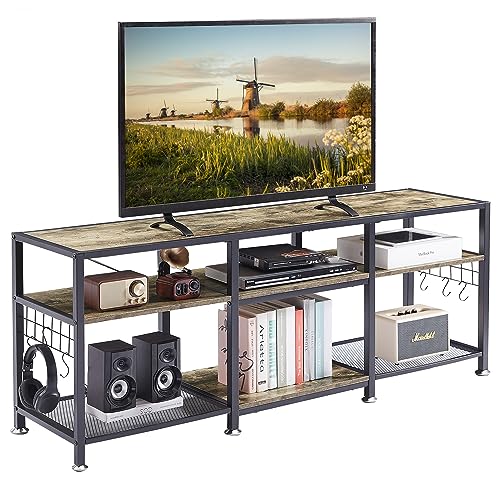 VECELO TV Stand for Televisions up to 65 Inch, Industrial Entertainment Center with 3-Tier Open Storage Shelves& Hooks for Living, Bedroom and Gaming Room, 55 Inch, Grey