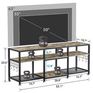 VECELO TV Stand for Televisions up to 65 Inch, Industrial Entertainment Center with 3-Tier Open Storage Shelves& Hooks for Living, Bedroom and Gaming Room, 55 Inch, Grey