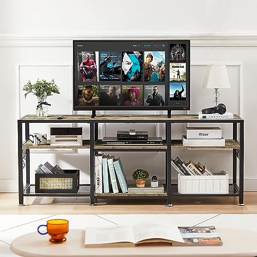 VECELO TV Stand for Televisions up to 65 Inch, Industrial Entertainment Center with 3-Tier Open Storage Shelves& Hooks for Living, Bedroom and Gaming Room, 55 Inch, Grey