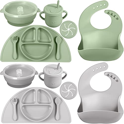 16 Pack Baby Feeding Supplies Set, Silicone Baby Led Weaning Suction Plates and Bowls Silicone Bibs Anti Slip Placemat Baby Spoons Forks Snack Cups, Toddler Eating Utensil Set (Green, Light Gray)