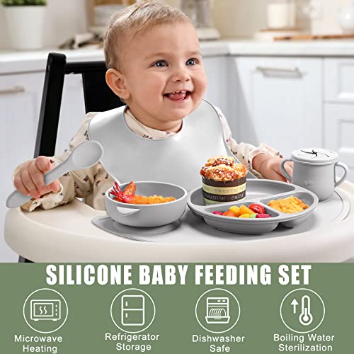 16 Pack Baby Feeding Supplies Set, Silicone Baby Led Weaning Suction Plates and Bowls Silicone Bibs Anti Slip Placemat Baby Spoons Forks Snack Cups, Toddler Eating Utensil Set (Green, Light Gray)