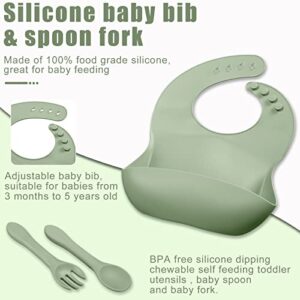 16 Pack Baby Feeding Supplies Set, Silicone Baby Led Weaning Suction Plates and Bowls Silicone Bibs Anti Slip Placemat Baby Spoons Forks Snack Cups, Toddler Eating Utensil Set (Green, Light Gray)