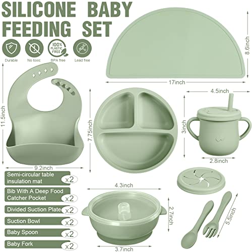 16 Pack Baby Feeding Supplies Set, Silicone Baby Led Weaning Suction Plates and Bowls Silicone Bibs Anti Slip Placemat Baby Spoons Forks Snack Cups, Toddler Eating Utensil Set (Green, Light Gray)