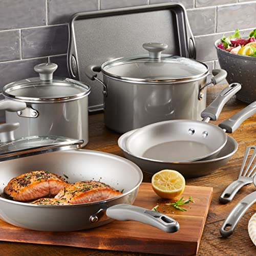 Rachael Ray Get Cooking! Nonstick Cookware Pots and Pans Set, Includes Baking Pan and Cooking Tools, 12 Piece - Gray