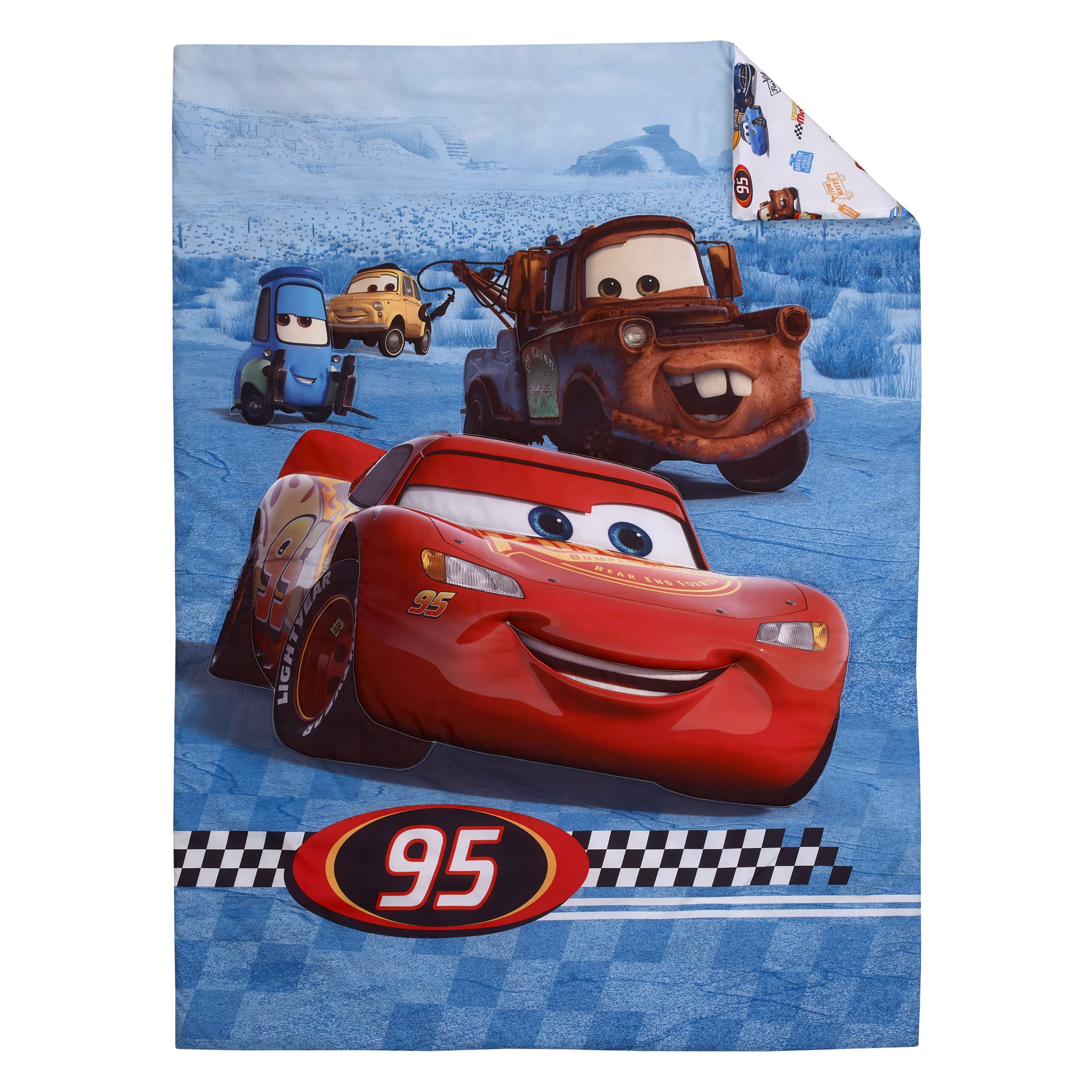 Disney Cars Radiator Springs White, Blue, and Red Lightning McQueen and Tow-Mater 4 Piece Toddler Bed Set - Comforter, Fitted Bottom Sheet, Flat Top Sheet and Reversible Pillowcase