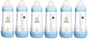 mam easy start anti-colic fast flow bottles, 11 oz. (6-count), easy switch between breast and bottle, reduces air bubbles and colic, 4+ months, boy