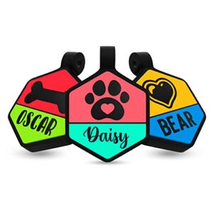 dog tags engraved for pets, deep engraved silicone, double sided, neved fades personalized id tags w/name, icon & font - 12 color options, no more jingling, custom pet name tags - hexagon