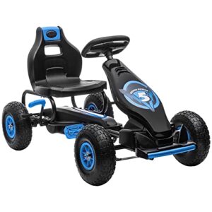 aosom kids pedal go kart ride-on toy with ergonomic comfort, pedal car with tough, wear-resistant tread, go cart kids car for boys & girls with suspension system, safety hand brake, ages 5-12, blue