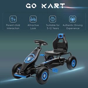 Aosom Kids Pedal Go Kart Ride-on Toy with Ergonomic Comfort, Pedal Car with Tough, Wear-Resistant Tread, Go Cart Kids Car for Boys & Girls with Suspension System, Safety Hand Brake, Ages 5-12, Blue