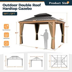 HAPPATIO 10' x 12' Hardtop Gazebo, Outdoor Wood Grain Frame Aluminum Gazebo, Double Roof Permanent Patio Gazebo Canopy with Netting and Curtains for Garden, Patio, Lawns, Parties (Beige)