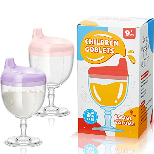 2 Pcs Baby Wine Sippy Cup Plastic Goblet Cup No Spill Wine Glass Sippy Cup Baby Goblet Cup Baby Sippy Cup Wine Glass Beverage Mug Milk Bottle with Lid for Kids on Birthday Party (Pink, Purple)