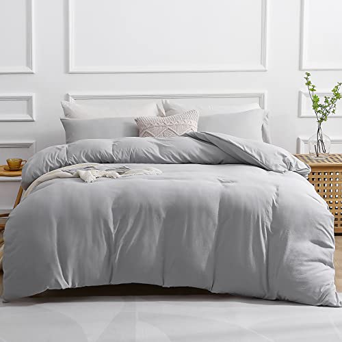 Sasttie Duvet Cover Set Queen Size, Light Grey Ultra Soft Prewashed, 3 Pieces, 1 Duvet Cover with Zipper Closure and Corner Ties (90''x90''), 2 Pillowcases (20''x 30'')