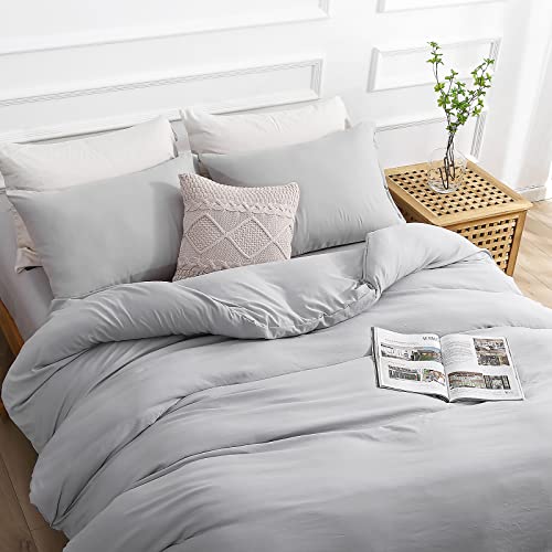 Sasttie Duvet Cover Set Queen Size, Light Grey Ultra Soft Prewashed, 3 Pieces, 1 Duvet Cover with Zipper Closure and Corner Ties (90''x90''), 2 Pillowcases (20''x 30'')