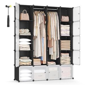songmics cube storage organzier portable wardrobe closet, 12 cubes diy plastic armoire cabinet modular shelves unit with doors and hanging rods for bedroom, black ulpc301b01