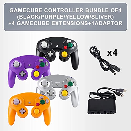 Burcica 4PCS Controllers for Gamecube, with 4 Extension Cables and 4-Port USB Adapter for Switch PC Wii U Console