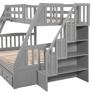 Merax Wooden Twin Over Full Stairway Bunk Bed with Three Storage Drawer, Storage Staircase, Removable Ladder and Safety Guardrail, Convertible to 2 Separated beds, Grey