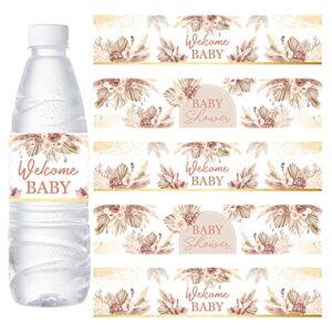 cheereveal 24pcs pampas grass baby shower water bottle labels, boho baby shower waterproof self adhesive water bottle labels for boho pampas baby shower decorations