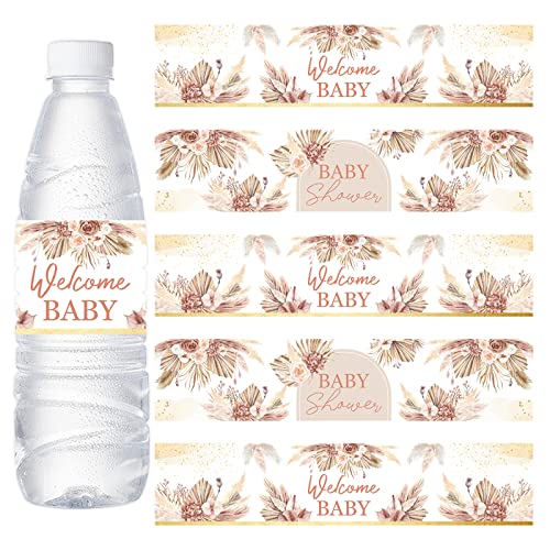 Cheereveal 24PCS Pampas Grass Baby Shower Water Bottle Labels, Boho Baby Shower Waterproof Self Adhesive Water Bottle Labels for Boho Pampas Baby Shower Decorations