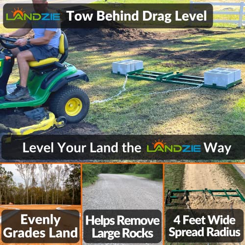 LANDZIE Drag Harrow Driveway Grader Landscape Power Rake for ATV, UTV, Tractor, Mower - 4 Ft Reinforced Steel (Two 2 ft Sections) - Tow Behind Yard Lawn Leveling Tool with 4 Ft Heavy Duty Chain