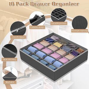 10 Pack Dresser Drawer Organizers for Clothing, Total 80 Cell Underwear Organizer Bra Sock Organizer for Drawer Divider Foldable Closet Organizers and Storage for Baby Clothes, Bras, Socks, Darkgrey
