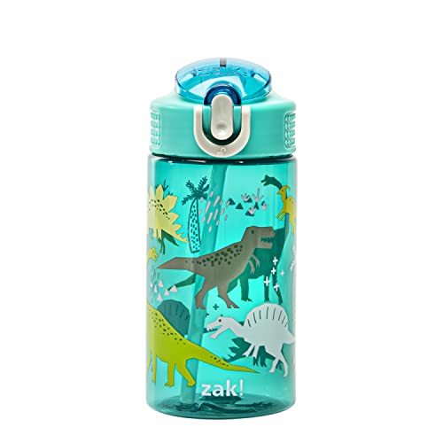 Zak Designs Kids Water Bottle For School or Travel, 16oz Durable Plastic Water Bottle With Straw, Handle, and Leak-Proof, Pop-Up Spout Cover (Dinosaur)